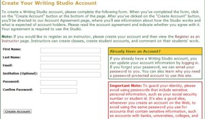 Create a Writing Studio Account Main Page