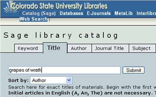 Screen shot of SAGE title search