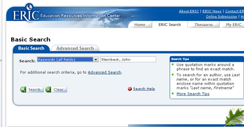 Screen shot of ERIC database
