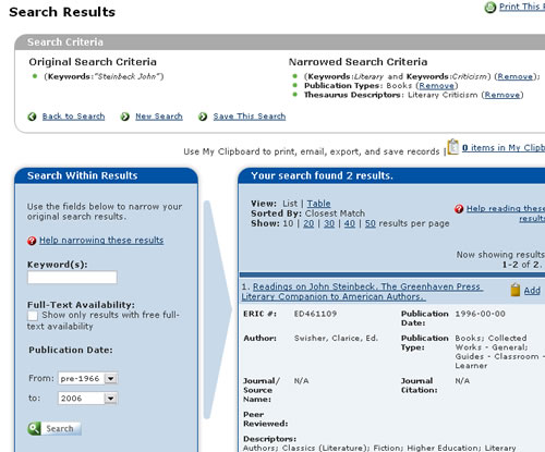 Screen shot of ERIC database