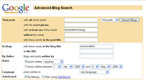 Screen shot of Google Blog Search
