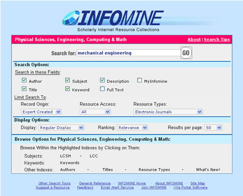 Screen shot of Infomine Website