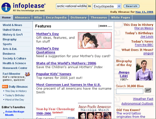 Screen shot of InfoPlease website