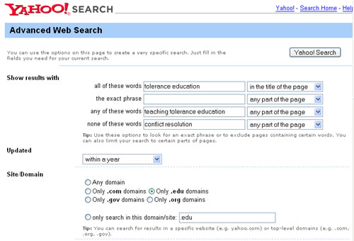 Screen shot of Yahoo advanced search